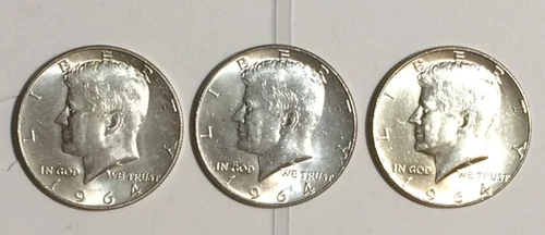 Lot of 3 Beautiful Uncirculated 1964 Kennedy Silver Half Dollars. Mint P&D