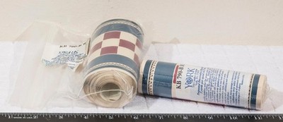1980s Red Checker Blue Stripe Wallpaper Country Farmhouse Kitchen Border