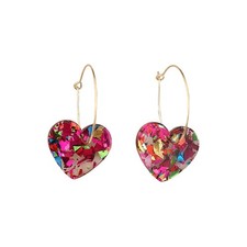Glitter Heart Hoop Earrings Colorful Sequined Dangle Medium, Rose Red