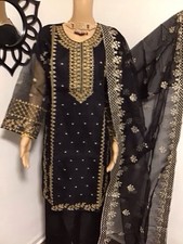 Ethnic Party Salwar Pant Kameez Organza Embroidered 3PC Large