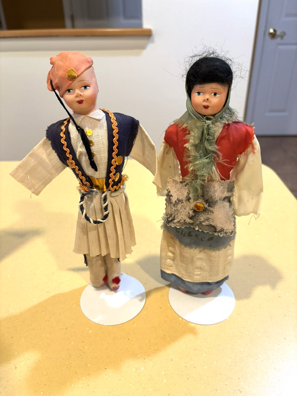 Vintage Mid Forties Greek Handmade Burlap Dolls Male & Female - Stored