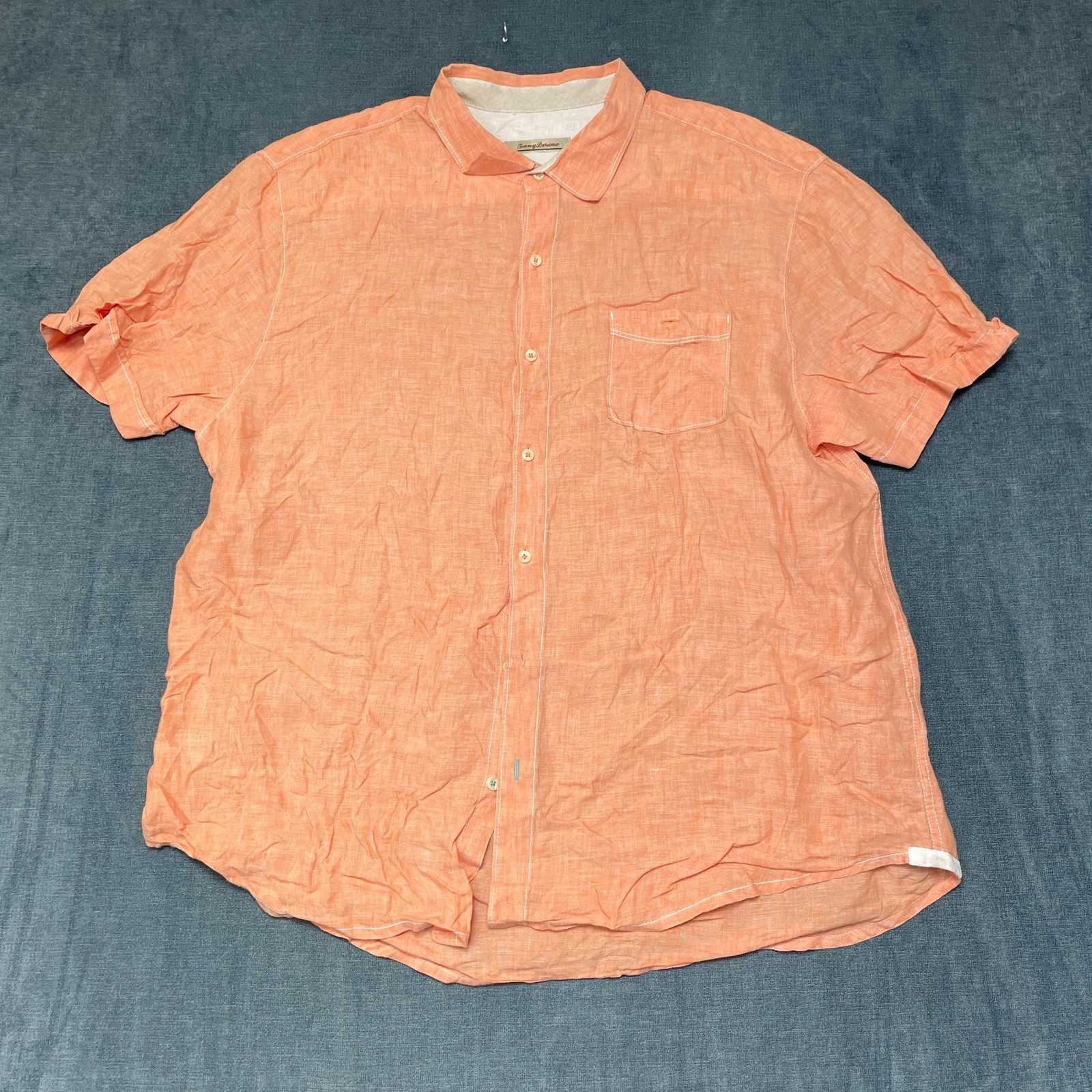 Tommy Bahama Linen Shirt Mens 2XL Peach Short Sleeve Lightweight Button Up