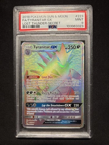 2018 Pokemon Sun Moon Lost Thunder Tyranitar GX Full Art Rainbow #223/214 PSA 9