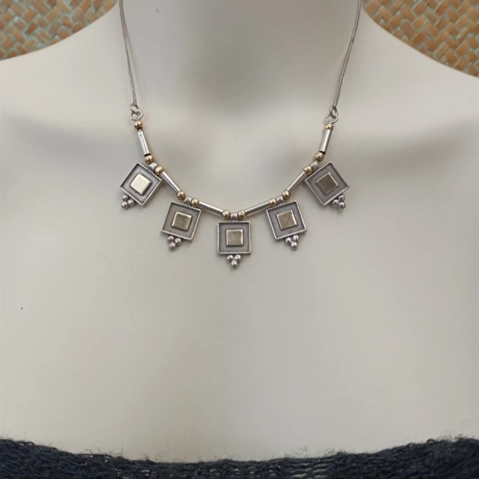 Collar de cuentas de oro laminado de 9k de plata esterlina arte geométrico modernista israelí de colección Foto 2 de 4