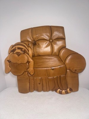 VTG Handcrafted Intarsia Artwork Wood Cat on Armchair Unique 3D Wall Hang