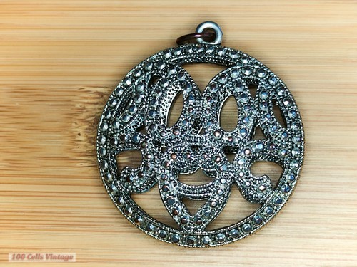 Grande Redondo Tono Plata Marcasita Joyas-4cm-Vintage Colgante Dije-0re - Imagen 3 de 4