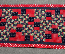 Handmade Quilted Table Runner Topper Red White Blue Cherries Dot Prints 17.5x44"