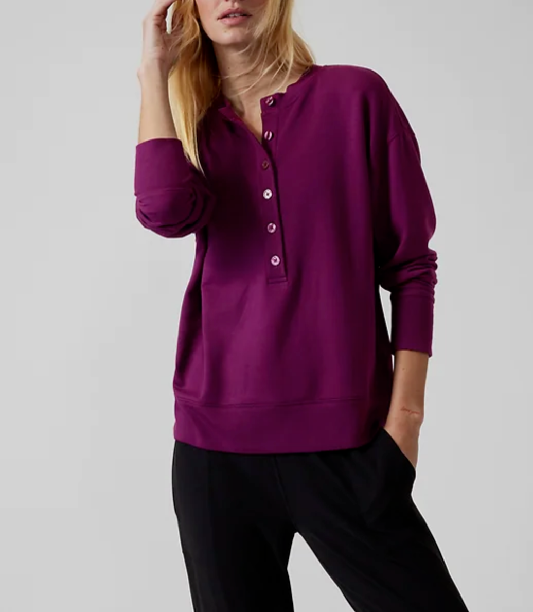 ATHLETA WOMEN'S EXOTIC FUCHSIA LONG SLEEVE BALANCE HENLEY SWEATSHIRT Sz
