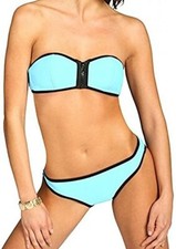 Hochwertiger gepolsterter Neopren-Stil Reißverschluss vorne Bikini Eis hellblau & schwarz Größe 10-12