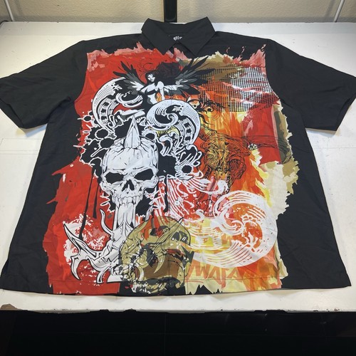BLUES FLAME BIKER SKULL TATTOO ART ROCKABILLY BOWLING SHIRT Mens L - 第 1/5 張圖片