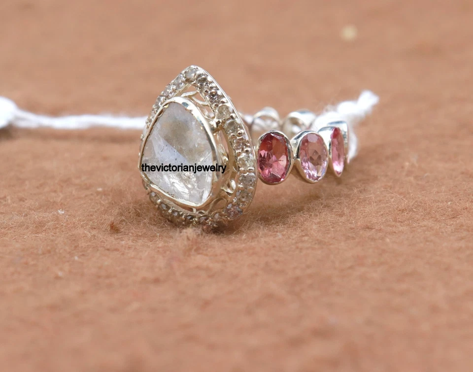 Anillo fino hecho a mano de plata de ley 925 turmalina rosa con diamantes Polki Pave Foto 4 de 4