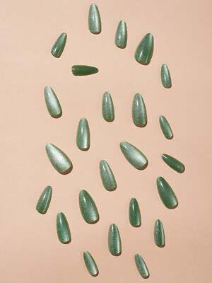 24pcs Long Almond Green Glitter Cat Eye Effect Fake Nail Press On Nails False