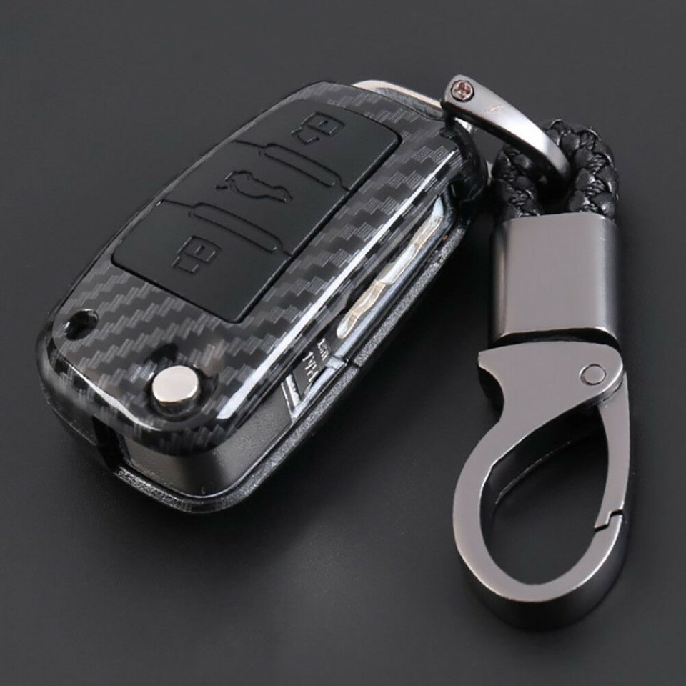 Carbon Fiber Car Key Cover Chain Remote Flip Fob For Audi A1A8 Q3 Q5