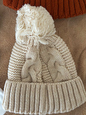 Women's Beige Cable-Knit Pom Pom Beanie Hat, Acrylic Knit, One Size Fall/Winter