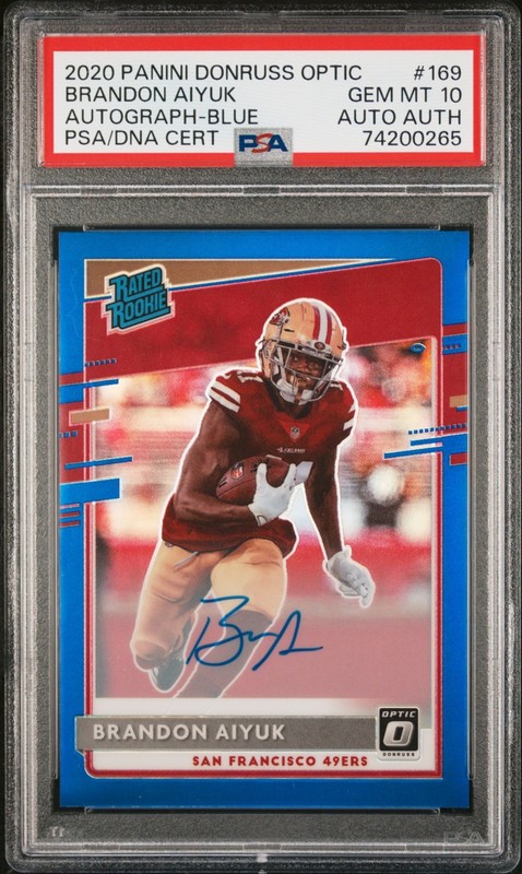 2020 PANINI Optic Brandon Aiyuk Blue RATED ROOKIE Auto /75 PSA GEM MT 10 #169