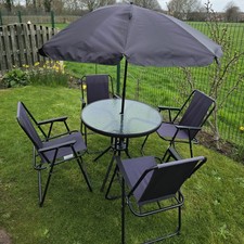 Patio Garden Furniture Small Glass Dining Table 4 Seat Folding Chair Parasol Set