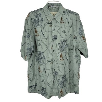 VTG Tropical Button Up Shirt Silk Blend Medium Green Palm Tree Sailboat Resort