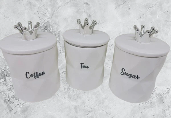 WHITE CANISTER SET OF 3 COFFEE TEA SUGAR STORAGE JARS WITH CROWN LID