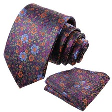 Mens Floral Necktie, Pocket Square, Handkerchief Set, Formal Wedding Party Tie