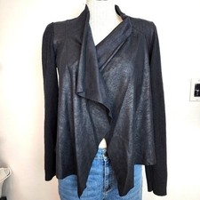T TAHARI Black Sweater Back  Sleeves Faux Leather Open Jacket Size S