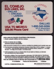 $20. El Conejo Bus Lines (Dallas): USA To Mexico Phone Card SPECIMEN Phone Card
