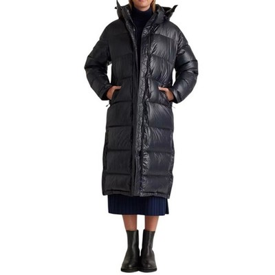 New Quince Women's Large Responsible Down Long Puffer Jacket Hooded Shiny Black
