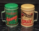 Set Of 2 Vintage Salt & Pepper Tin Shakers Elton Kirby’s and Percival Duffins B3