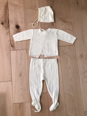 Vintage Renro knit baby outfit sweater Footie pants hat cream size ?(0-3 Mo)?