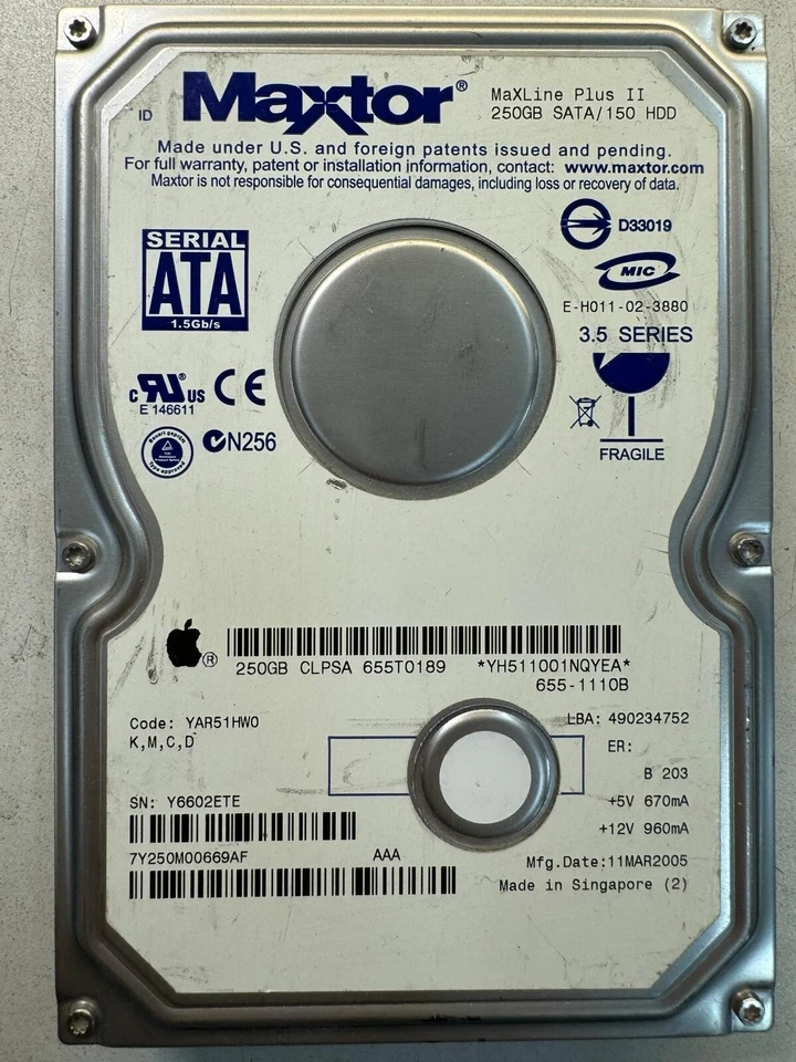 APPLE CLPSA 655T0189 MAXLINE PLUS II 7Y250M0 250GB 7.2K RPM 1.5 Gb/s SATA 3.5" - Image 2 of 4
