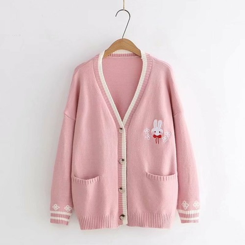 Girl Kawaii Rabbit Knit Cardigan Sweater JK Uniform Japanese Mori Knitwear  Sweet | eBay