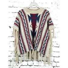 Artsy Boho Fringed Southwest Poncho Sweater Cowboy Western Yellowstone Size S/M