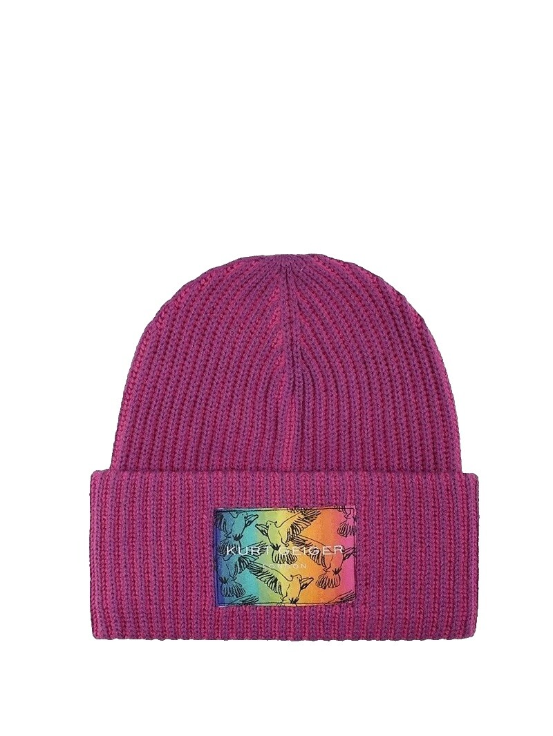 NWT Kurt Geiger London Logo Patch Crystal Cuff Beanie One Size, FUCHSIA MULTI KURT GEIGER LONDON CRYSTAL CUFFED BEANIE WITH BLACK LEATHER  main image 4