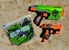 Lot of 2 Nerf Guns Green Zombie Sidestrike Elite and Orange Micro Shots 32 Darts