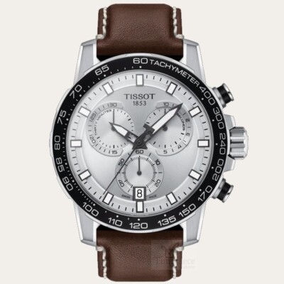 Tissot Supersport Chronograph silbernes Zifferblatt braunes Leder Uhr T125.61...