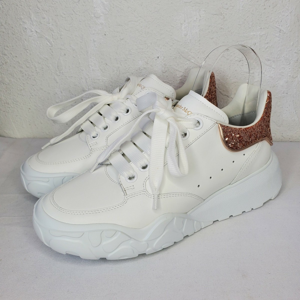 Alexander McQueen Court Glitter Oversized Sneakers White Tea Rose Pink Size 