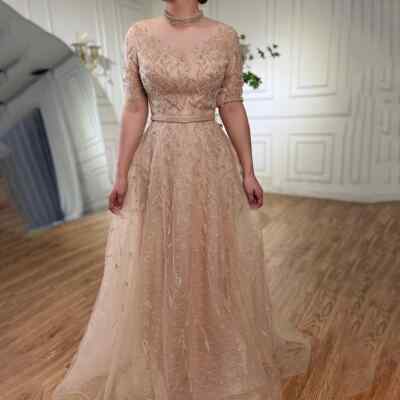 the hundred dresses Sparkly Sequined Gold Balloon Sleeve Maxi Modest Evening Dress 42