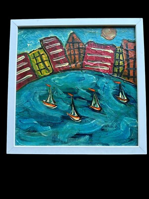 Signed Framed CB Fleming Modern Painting  Sailing  2019 Boats Buildings 13x13