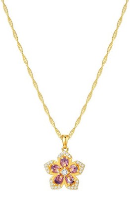 Spin Flower Necklace Purple Cubic Zirconia Gold Women Girls Gift Fidget pendant