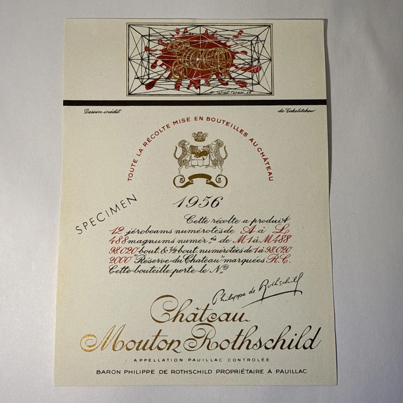 Étiquette De Vin Château Mouton Rotschild Spécimen 1956