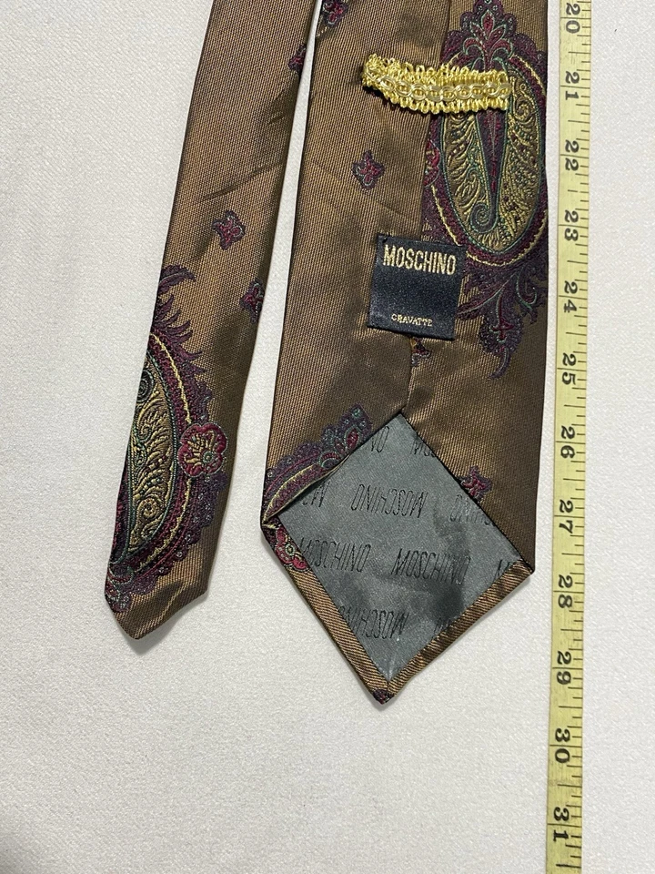 Corbata de seda marrón MOSCHINO patrón barroco M en Italia Ex Con Foto 4 de 4