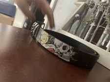 Ed Hardy by Christian Audigier Distressed Leather Belt with Small Embroidery