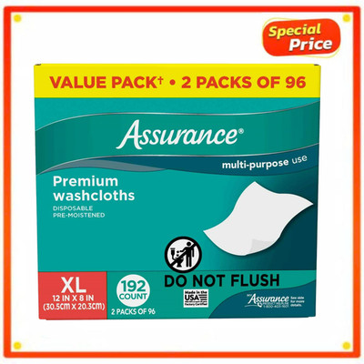 Assurance Premium XL Washcloths Adults Disposable Pre Moistened 192 Count Wipes