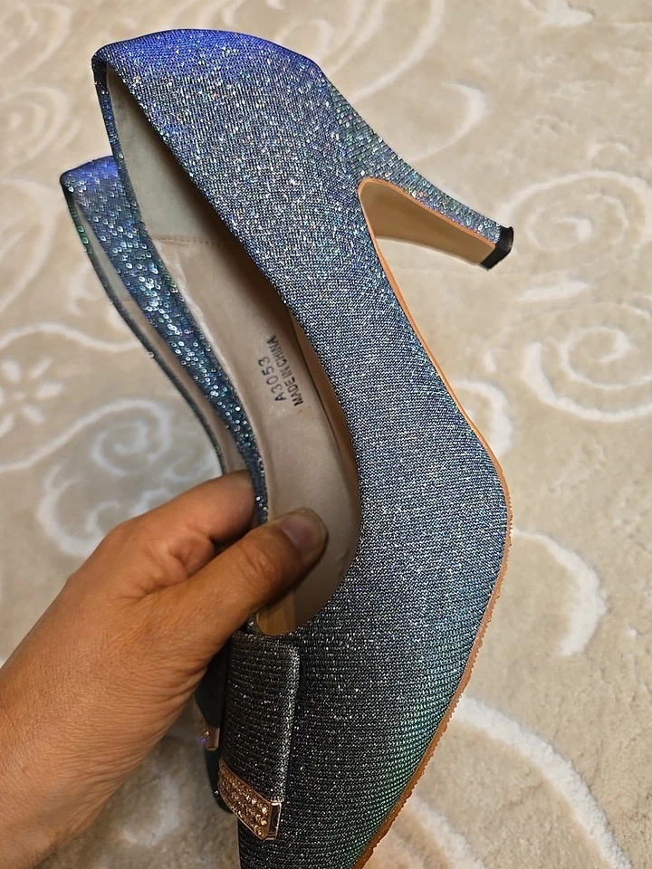 John Fashion Sparking Blue W/ Rhinestone Heel Shoes Size 7 Pointed Toe - Image 3 of 4