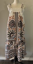 Farm Rio Womens Large Cream Tiered Midi Dress Flower Fan Tapestry NWT