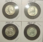 (4) 1964-D Washington Quarters - 90% Silver-4 coins total