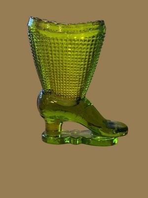 L.E. Smith Green Glass Boot Toothpick Match Stick Holder Bud Vase Home Decor