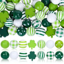 Whaline 220Pcs St. Patrick's Day Wood Beads Green Shamrock Round Shape Plaids...