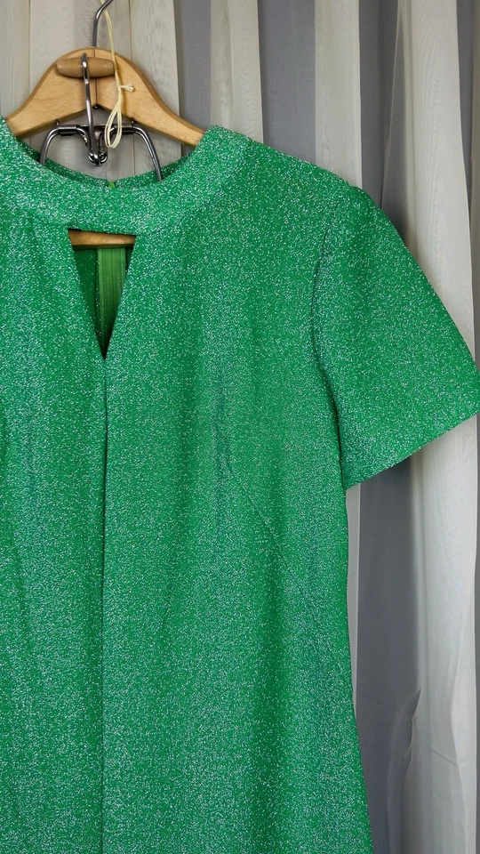 Maxi Vestido De Colección Años 70 Metálico Verde Cojo Tejido Brillante Mod Anfitriona Retro, Hippy Foto 4 de 4