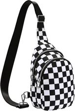 Small Checkered Sling Bag, Nylon Water Res RFID Crossbody Sling, Black & White