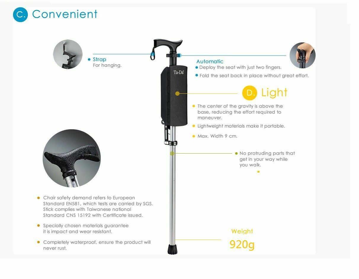 NEW TaDa Chair Folding Aluminium Tripod Cane Chair Portable Walking